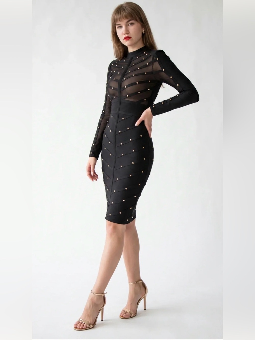 Black Studded Sheer-Mesh Midi Dress